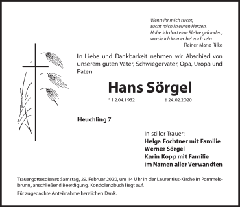 Traueranzeige von Hans Sörgel von Hersbrucker Zeitung