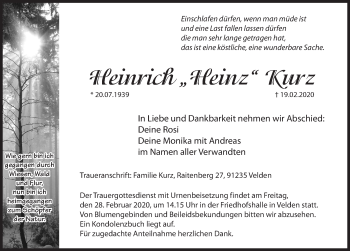 Traueranzeige von Heinrich Kurz von Hersbrucker Zeitung