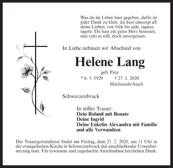 Traueranzeige von Helene Lang von Der Bote