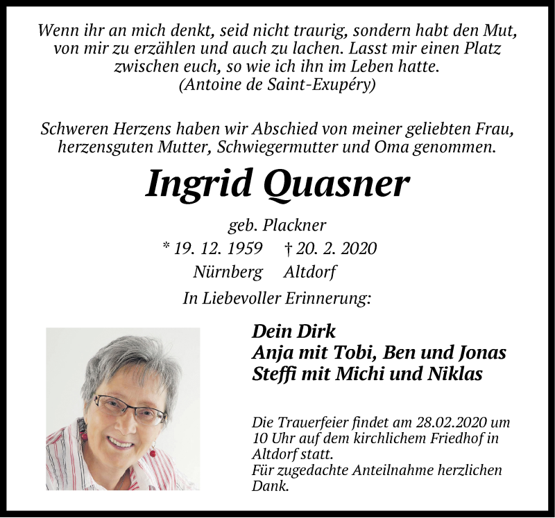  Traueranzeige für Ingrid Quasner vom 25.02.2020 aus Der Bote