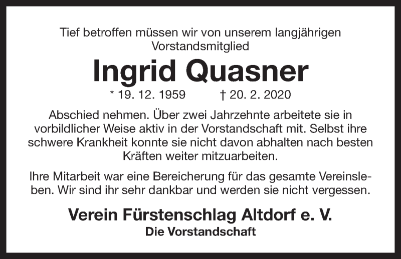  Traueranzeige für Ingrid Quasner vom 26.02.2020 aus Der Bote