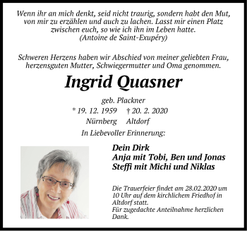 Traueranzeige von Ingrid Quasner von Der Bote