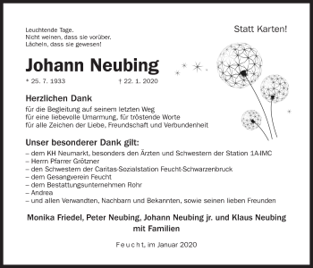 Traueranzeige von Johann Neubing von Der Bote