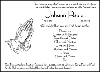 Traueranzeige von Johann Paulus von Hersbrucker Zeitung