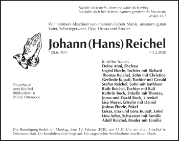 Traueranzeige von Johann  Reichel von Hersbrucker Zeitung
