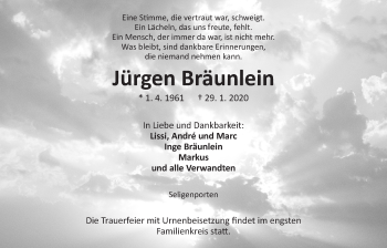 Traueranzeige von Jürgen Bräunlein von Der Bote