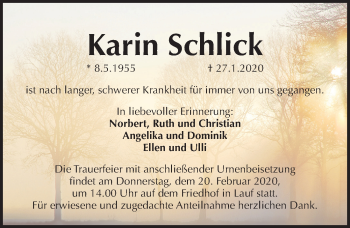 Traueranzeige von Karin Schlick von Pegnitz-Zeitung