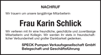 Traueranzeige von Karin Schlick von Pegnitz-Zeitung