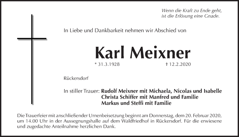  Traueranzeige für Karl Meixner vom 15.02.2020 aus Pegnitz-Zeitung