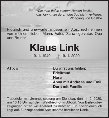 Traueranzeige von Klaus Link von Der Bote