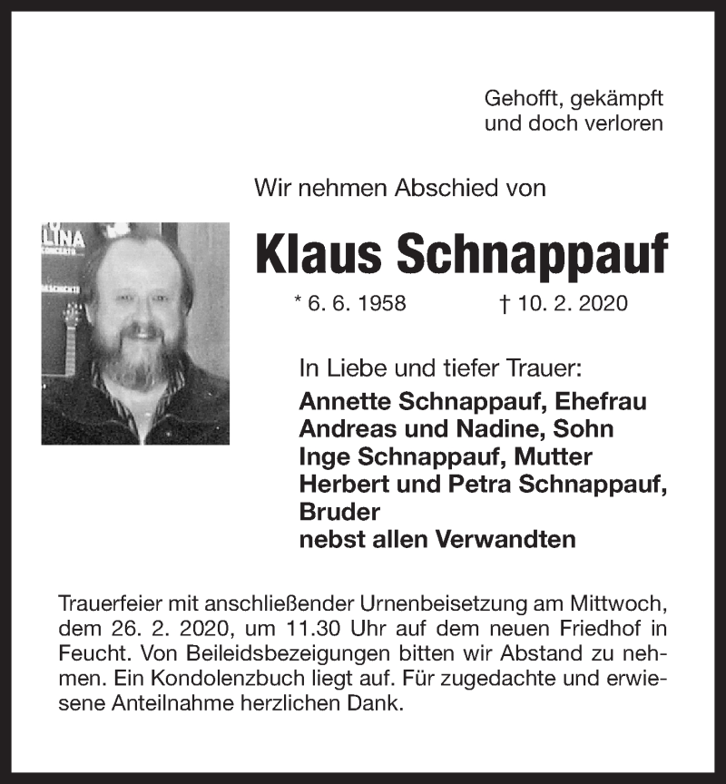  Traueranzeige für Klaus Schnappauf vom 24.02.2020 aus Der Bote