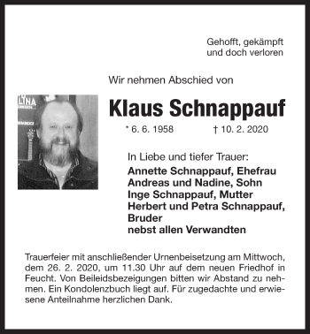 Traueranzeige von Klaus Schnappauf von Der Bote