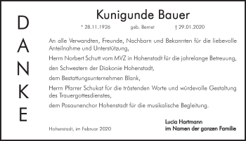 Traueranzeige von Kunigunde Bauer von Hersbrucker Zeitung