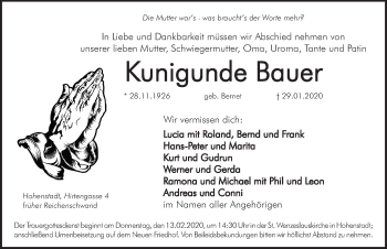 Traueranzeige von Kunigunde Bauer von Hersbrucker Zeitung