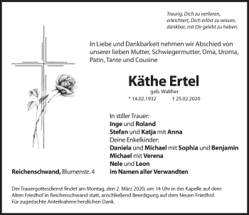 Traueranzeige von Käthe Ertel von Hersbrucker Zeitung
