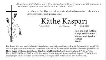 Traueranzeige von Käthe Kaspari von Der Bote