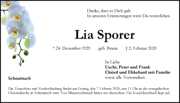 Traueranzeige von Lia Sporer von Pegnitz-Zeitung