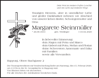 Traueranzeige von Margarete Steinmüller von Hersbrucker Zeitung