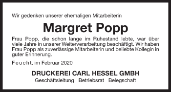 Traueranzeige von Margret Popp von Der Bote