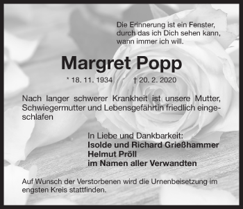 Traueranzeige von Margret Popp von Der Bote