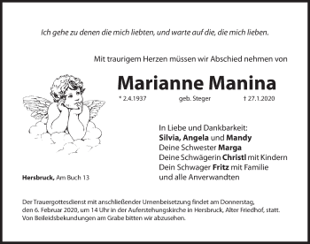 Traueranzeige von Marianne Manina von Hersbrucker Zeitung