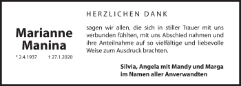 Traueranzeige von Marianne Manina von Hersbrucker Zeitung