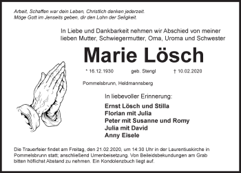 Traueranzeige von Marie Lösch von Hersbrucker Zeitung