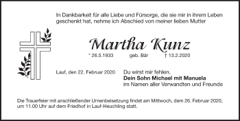 Traueranzeige von Martha Kunz von Pegnitz-Zeitung