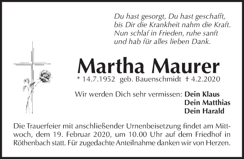  Traueranzeige für Martha Maurer vom 15.02.2020 aus Pegnitz-Zeitung