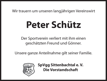 Traueranzeige von Peter Schütz von Hersbrucker Zeitung