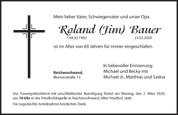Traueranzeige von Roland Bauer von Hersbrucker Zeitung
