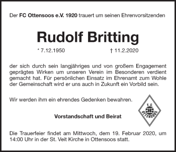 Traueranzeige von Rudolf Britting von Pegnitz-Zeitung