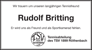 Traueranzeige von Rudolf Britting von Pegnitz-Zeitung