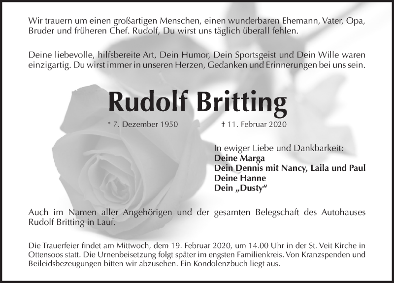  Traueranzeige für Rudolf Britting vom 15.02.2020 aus Pegnitz-Zeitung