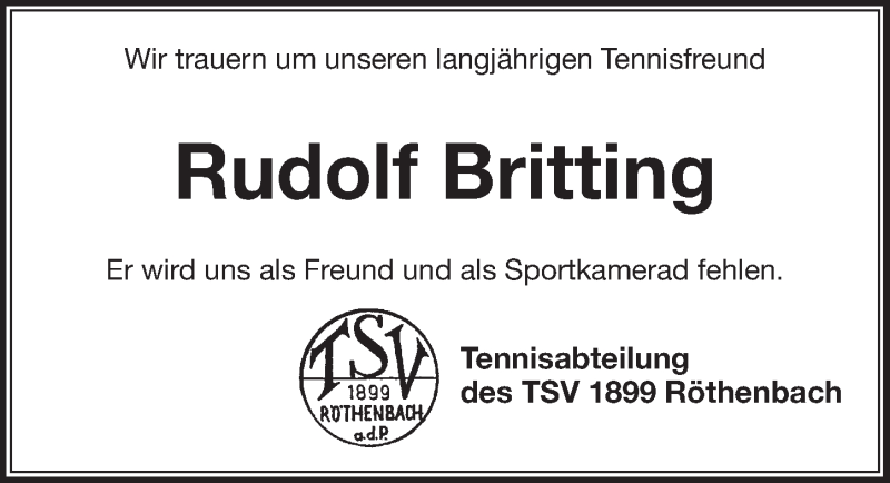  Traueranzeige für Rudolf Britting vom 15.02.2020 aus Pegnitz-Zeitung