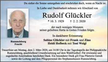 Traueranzeige von Rudolf Glückler von Der Bote
