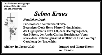Traueranzeige von Selma Kraus von Hersbrucker Zeitung