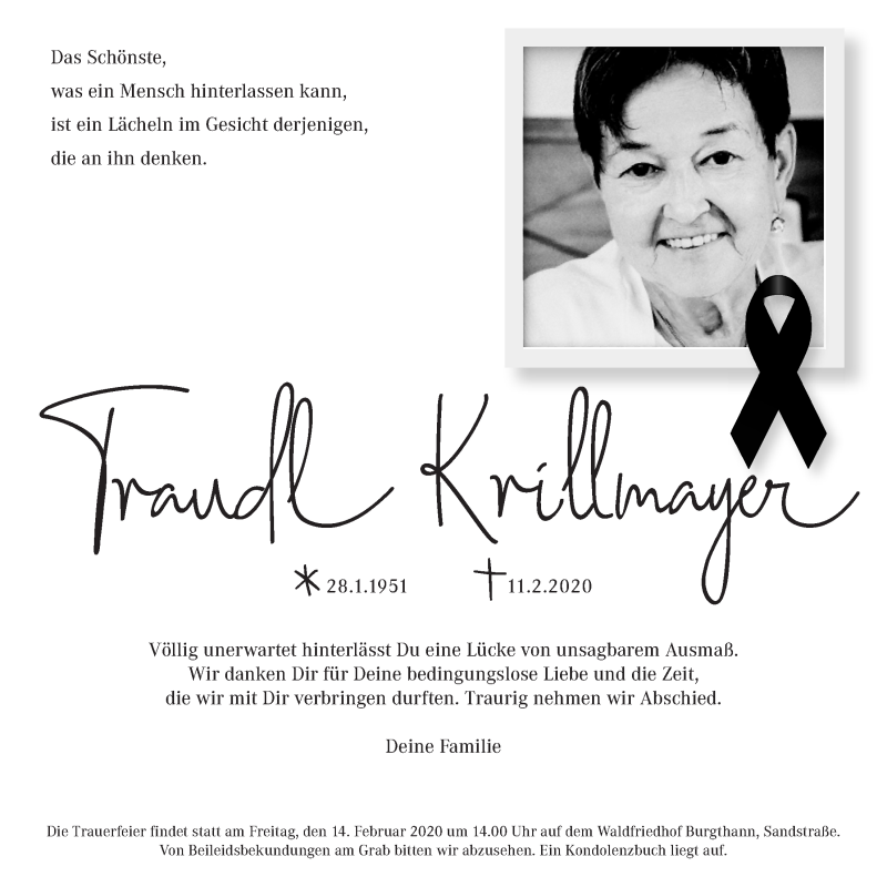  Traueranzeige für Traudl Krillmayer vom 13.02.2020 aus Der Bote