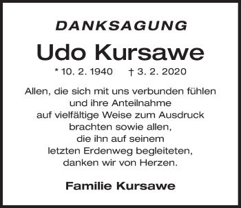 Traueranzeige von Udo Kursawe von Der Bote