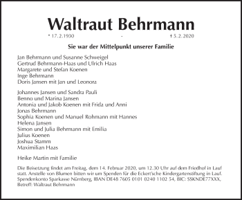 Traueranzeige von Waltraut Behrmann von Pegnitz-Zeitung