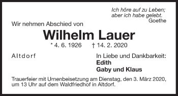 Traueranzeige von Wilhelm Lauer von Der Bote
