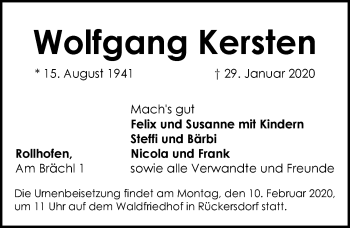 Traueranzeige von Wolfgang Kersten von Pegnitz-Zeitung