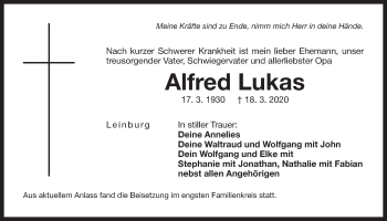 Traueranzeige von Alfred Lukas von Der Bote