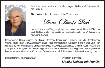Traueranzeige von Anna Lierl von Pegnitz-Zeitung