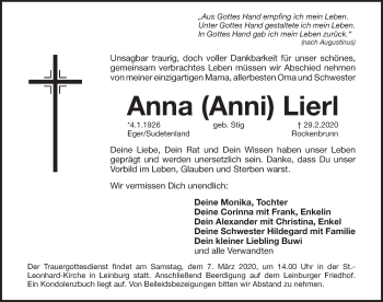 Traueranzeige von Anna Lierl von Pegnitz-Zeitung