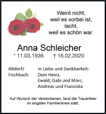 Traueranzeige von Anna Schleicher von Der Bote