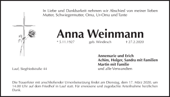 Traueranzeige von Anna Weinmann von Pegnitz-Zeitung