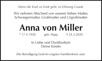 Traueranzeige von Anna von Miller von Pegnitz-Zeitung