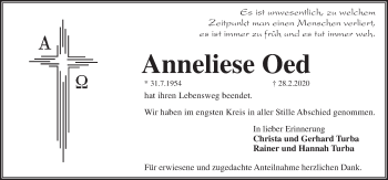Traueranzeige von Anneliese Oed von Pegnitz-Zeitung