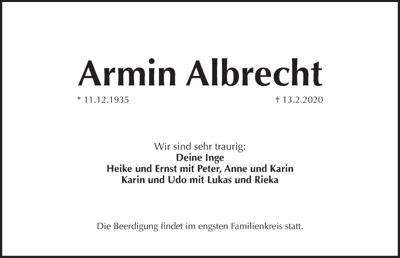  Traueranzeige für Armin Albrecht vom 17.03.2020 aus Pegnitz-Zeitung